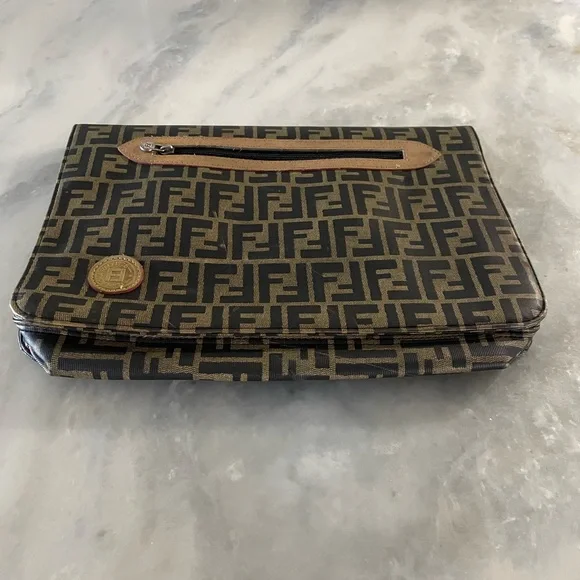 Vintage FENDI Zucca Large Document Hand Bag Pouch Canvas Leather Brown - Picture 2 of 15